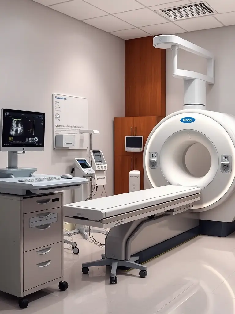 An image depicting various diagnostic tools and equipment used for endometriosis examinations at Instituto Mineiro de Endometriose, such as ultrasound and MRI machines.