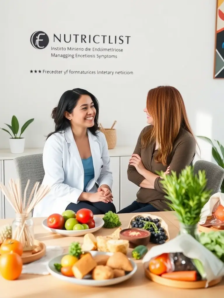 A nutritionist at Instituto Mineiro de Endometriose, consulting with a patient about dietary changes to manage endometriosis symptoms and improve overall well-being.