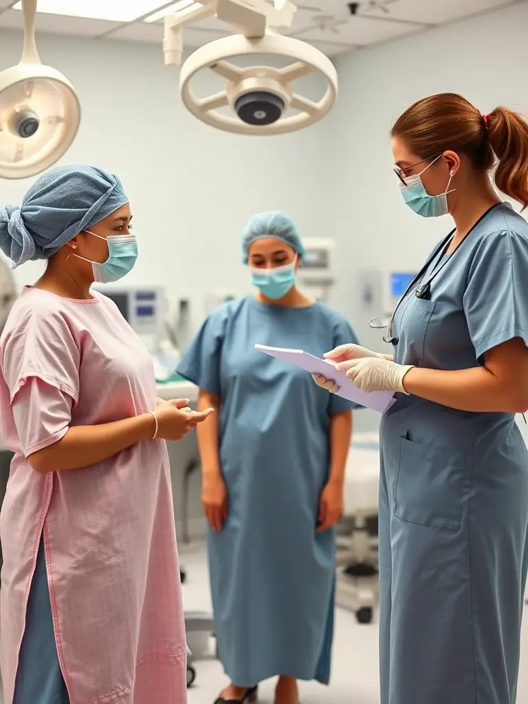 A photo illustrating a patient preparing for surgery, with nurses providing pre-operative instructions and support at Instituto Mineiro de Endometriose.