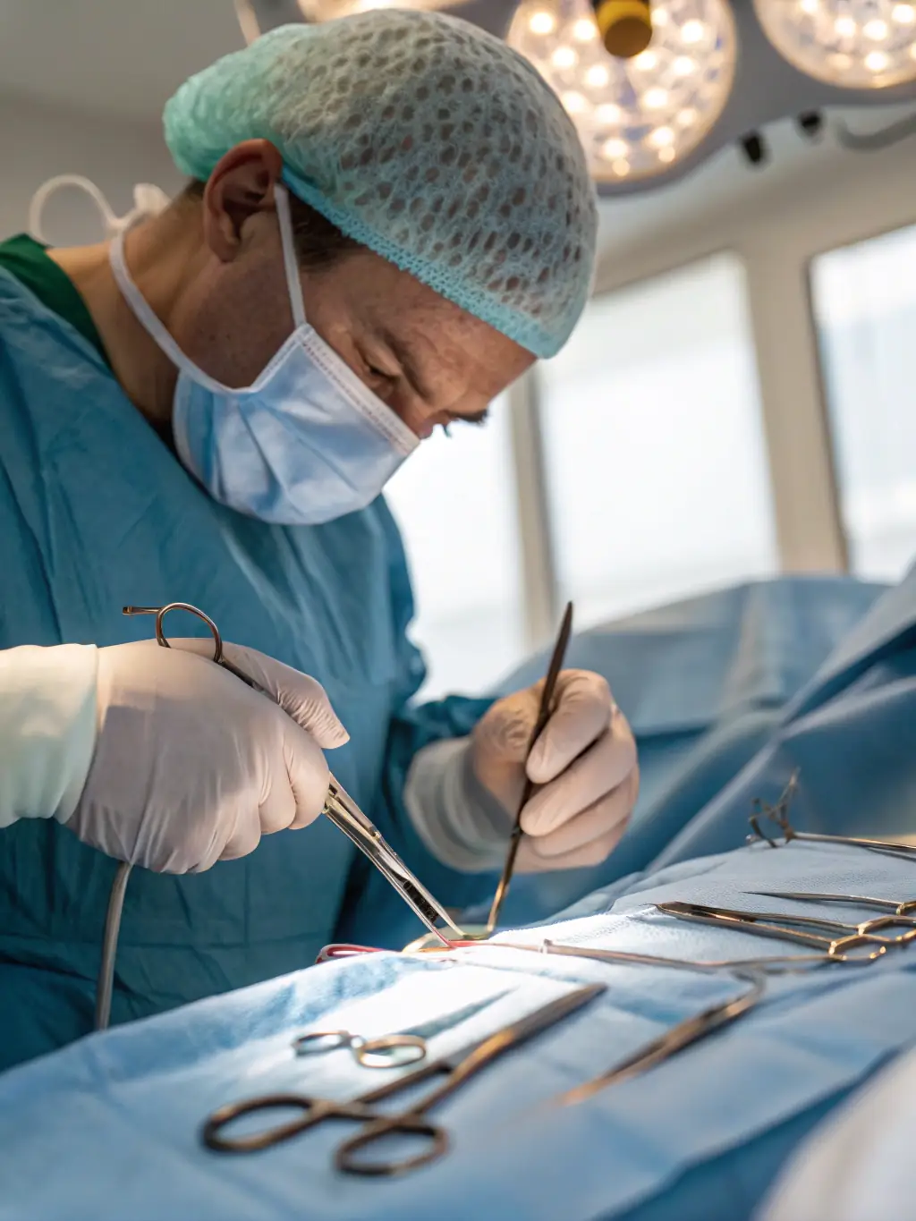 A surgical team in the operating room at Instituto Mineiro de Endometriose, performing a minimally invasive laparoscopic surgery to remove endometrial lesions.
