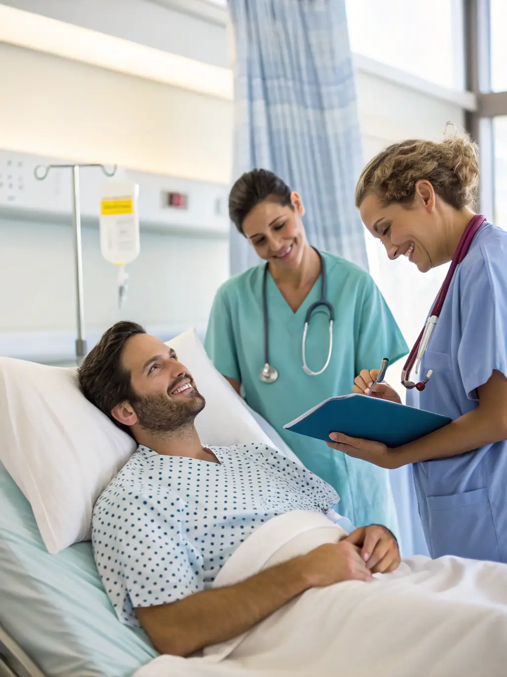 An image showing a patient recovering comfortably after surgery, with medical staff providing attentive postoperative care at Instituto Mineiro de Endometriose.